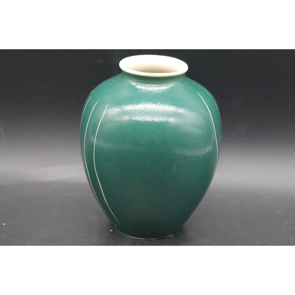 Vintage Waylande Gregory Sgraffito Art Pottery Vase Green Figural Face MCM